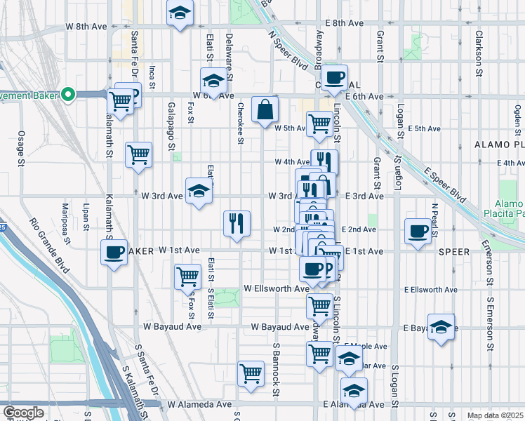 map of restaurants, bars, coffee shops, grocery stores, and more near 239 Bannock Street in Denver