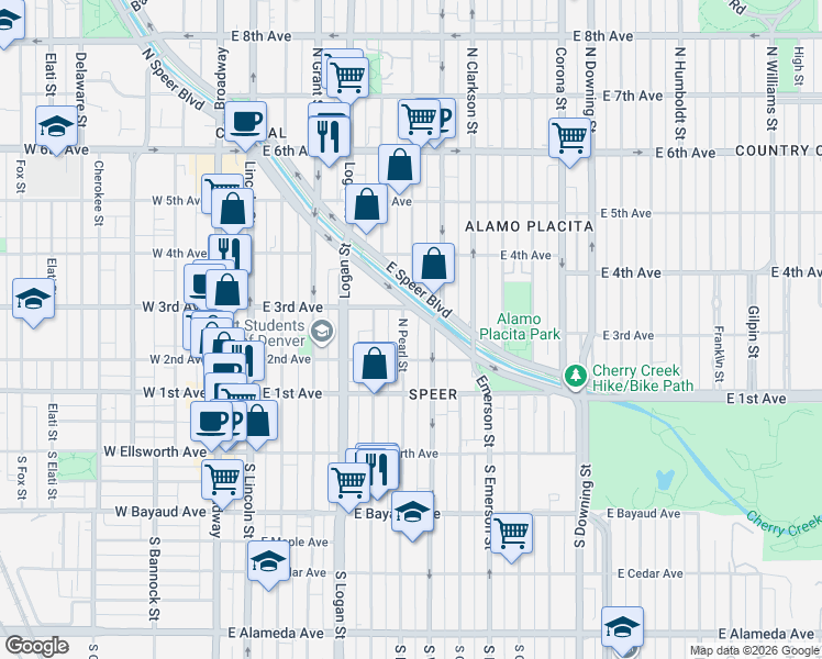 map of restaurants, bars, coffee shops, grocery stores, and more near 239 Pearl Street in Denver