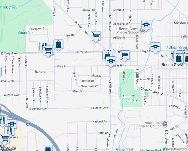 map of restaurants, bars, coffee shops, grocery stores, and more near 1967 Alton Street in Beech Grove