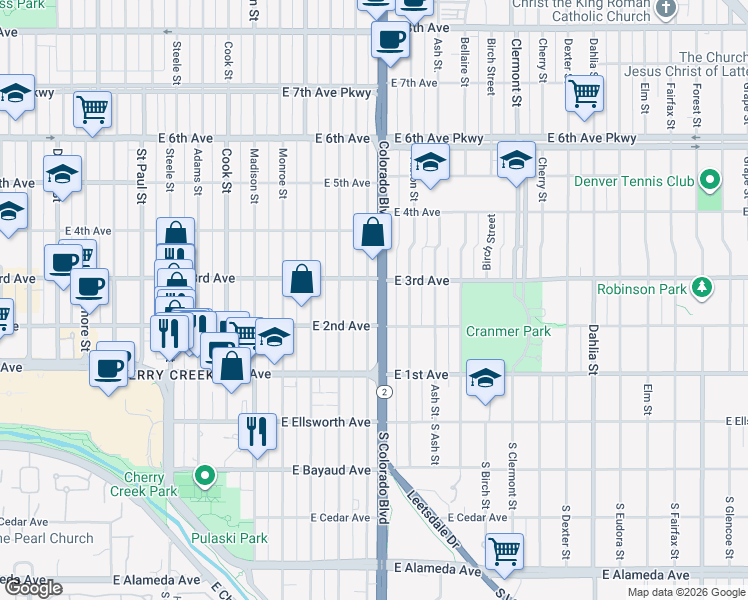 map of restaurants, bars, coffee shops, grocery stores, and more near 233 Harrison Street in Denver