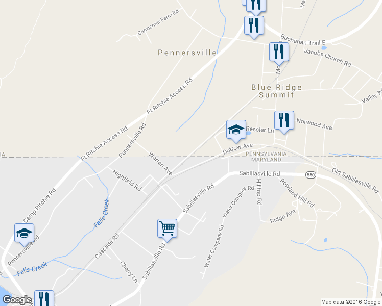 map of restaurants, bars, coffee shops, grocery stores, and more near 13823 Blue Ridge Avenue in Blue Ridge Summit