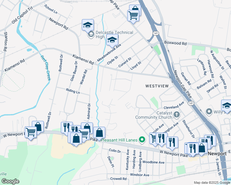 map of restaurants, bars, coffee shops, grocery stores, and more near 402 Maple Avenue in Wilmington