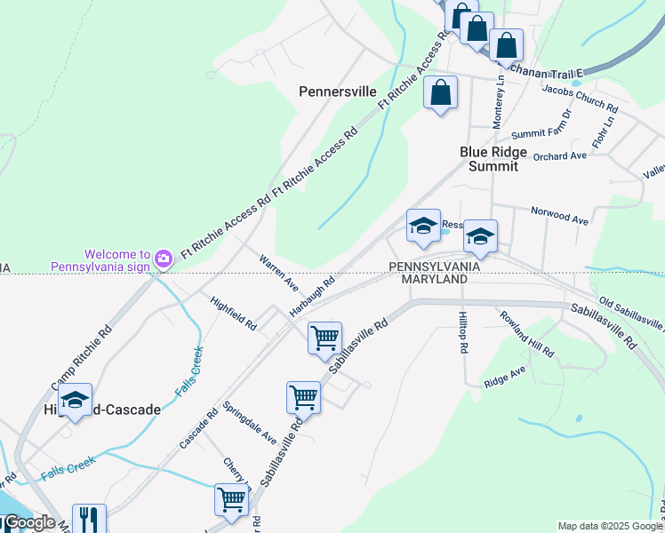 map of restaurants, bars, coffee shops, grocery stores, and more near 13823 Blue Ridge Avenue in Blue Ridge Summit