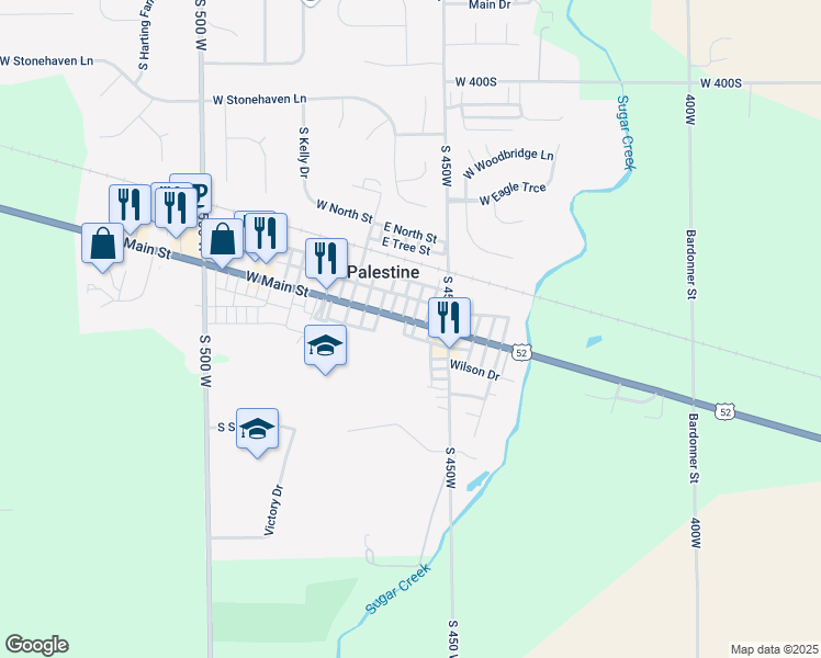 map of restaurants, bars, coffee shops, grocery stores, and more near 29 East Main Street in New Palestine