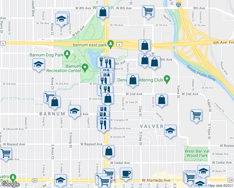 map of restaurants, bars, coffee shops, grocery stores, and more near 2915 West 2nd Avenue in Denver