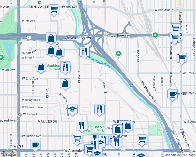 map of restaurants, bars, coffee shops, grocery stores, and more near 2000 West 2nd Avenue in Denver