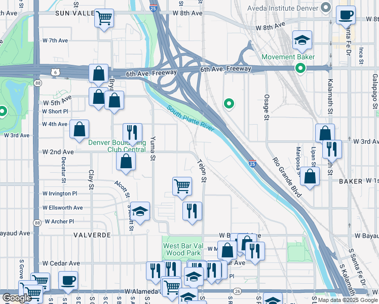 map of restaurants, bars, coffee shops, grocery stores, and more near Tejon Street in Denver