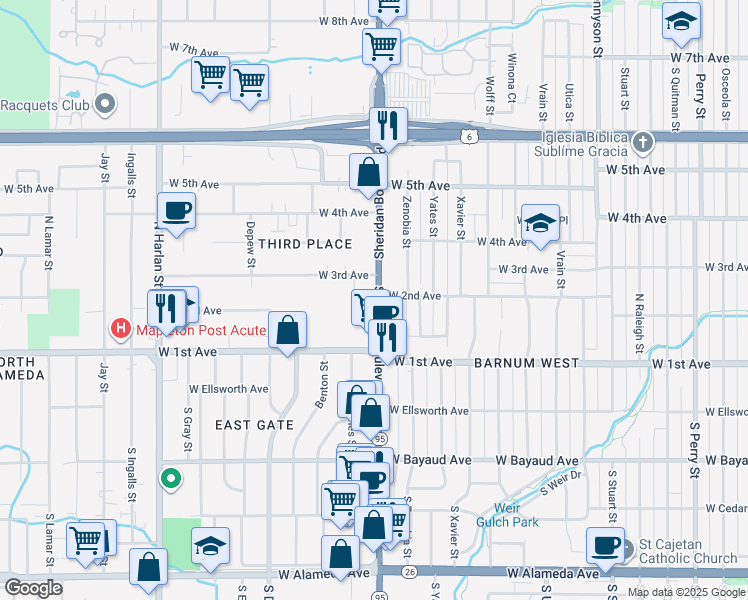 map of restaurants, bars, coffee shops, grocery stores, and more near 185 Colorado 95 in Lakewood