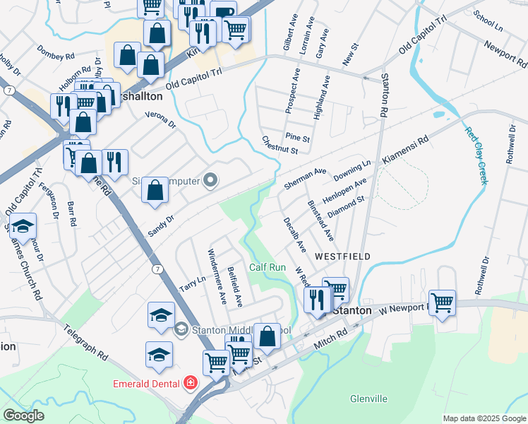 map of restaurants, bars, coffee shops, grocery stores, and more near 2407 Maxwellton Road in Wilmington