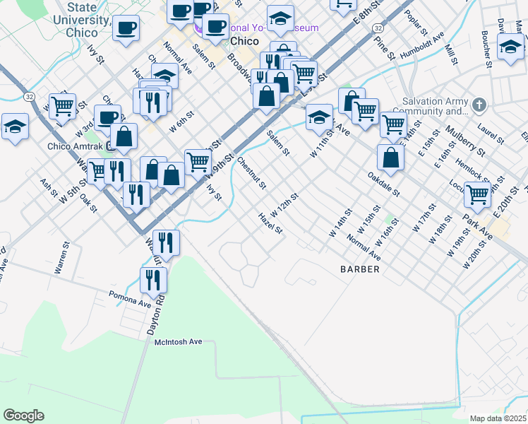 map of restaurants, bars, coffee shops, grocery stores, and more near 1121 Hazel Street in Chico