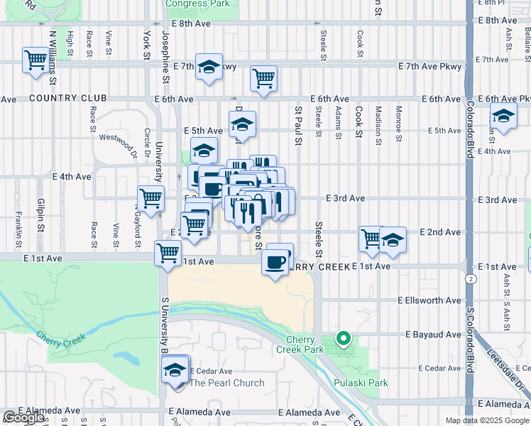 map of restaurants, bars, coffee shops, grocery stores, and more near 250 Fillmore Street in Denver