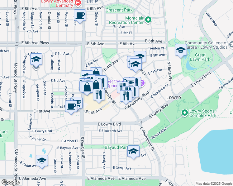map of restaurants, bars, coffee shops, grocery stores, and more near 7505 East 1st Avenue in Denver