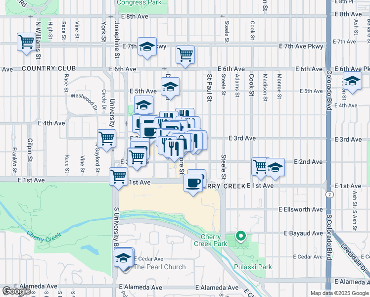 map of restaurants, bars, coffee shops, grocery stores, and more near 250 Fillmore Street in Denver