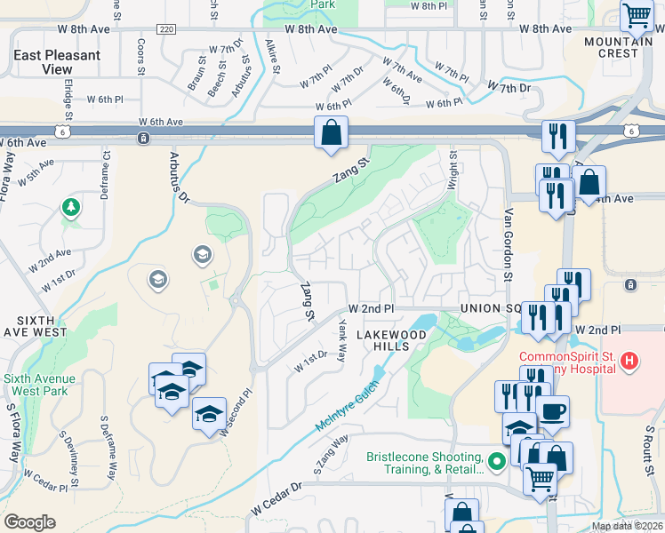 map of restaurants, bars, coffee shops, grocery stores, and more near 12933 West 3rd Place in Lakewood