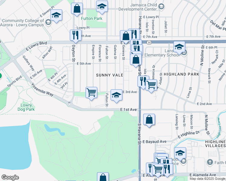 map of restaurants, bars, coffee shops, grocery stores, and more near 301 Galena Street in Aurora