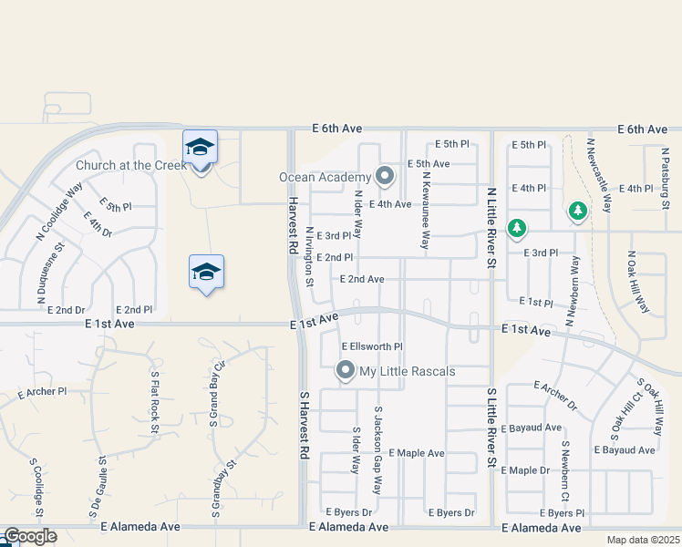 map of restaurants, bars, coffee shops, grocery stores, and more near 177 North Ider Street in Aurora