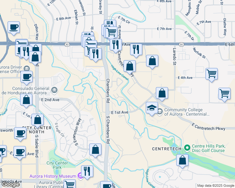 map of restaurants, bars, coffee shops, grocery stores, and more near 169 Idalia Court in Aurora