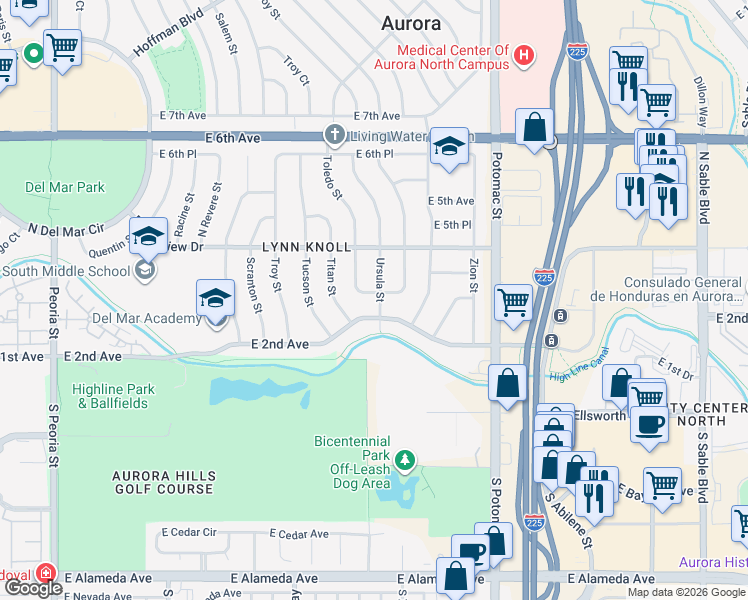 map of restaurants, bars, coffee shops, grocery stores, and more near 12995 East 2nd Avenue in Aurora