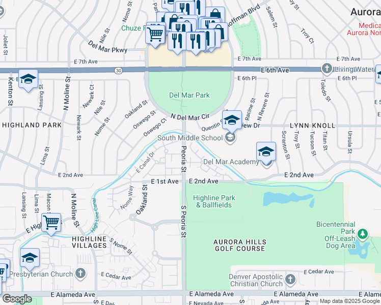 map of restaurants, bars, coffee shops, grocery stores, and more near 12111 East 2nd Drive in Aurora