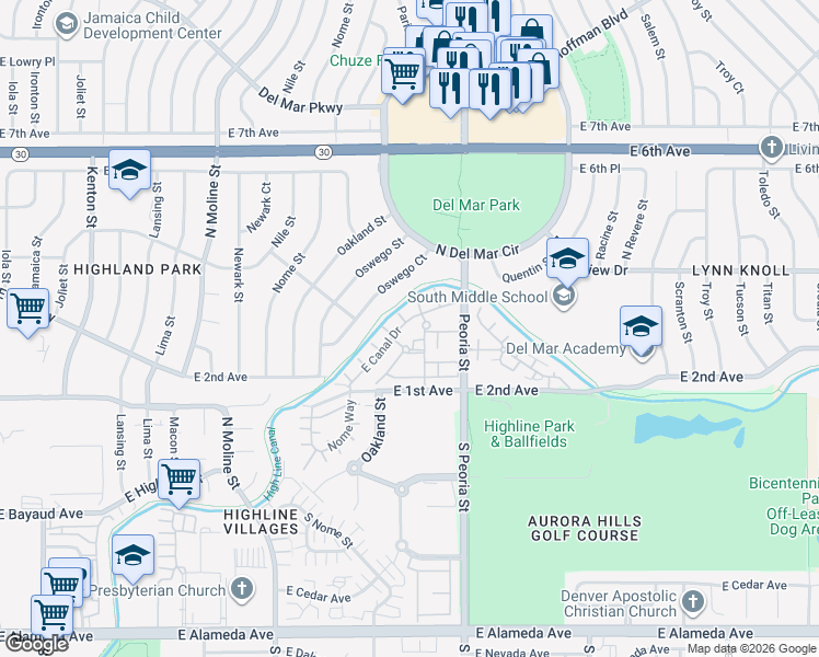 map of restaurants, bars, coffee shops, grocery stores, and more near 11880 East Canal Drive in Aurora