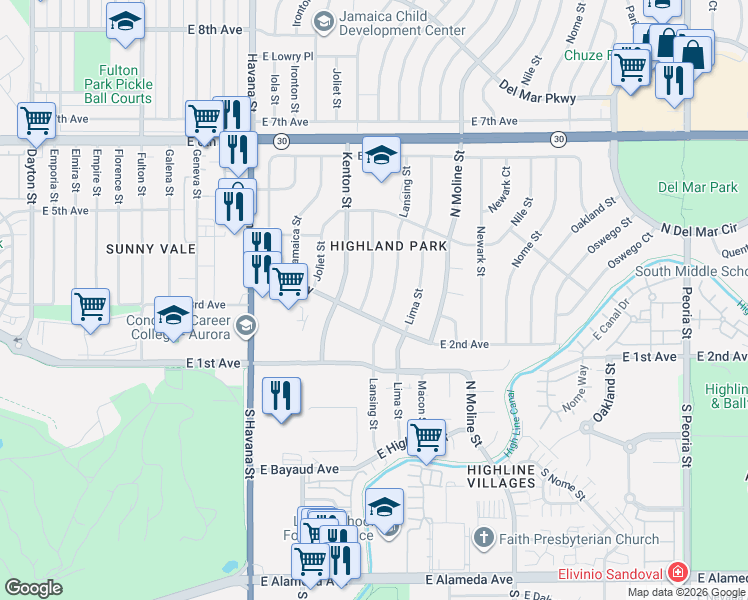 map of restaurants, bars, coffee shops, grocery stores, and more near 301 Lansing Street in Aurora