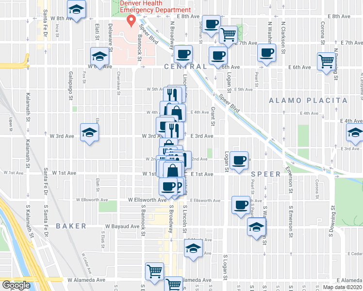 map of restaurants, bars, coffee shops, grocery stores, and more near 235 Lincoln Street in Denver