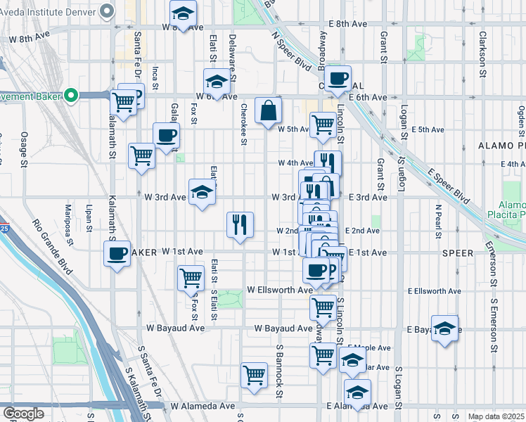 map of restaurants, bars, coffee shops, grocery stores, and more near 239 Bannock Street in Denver