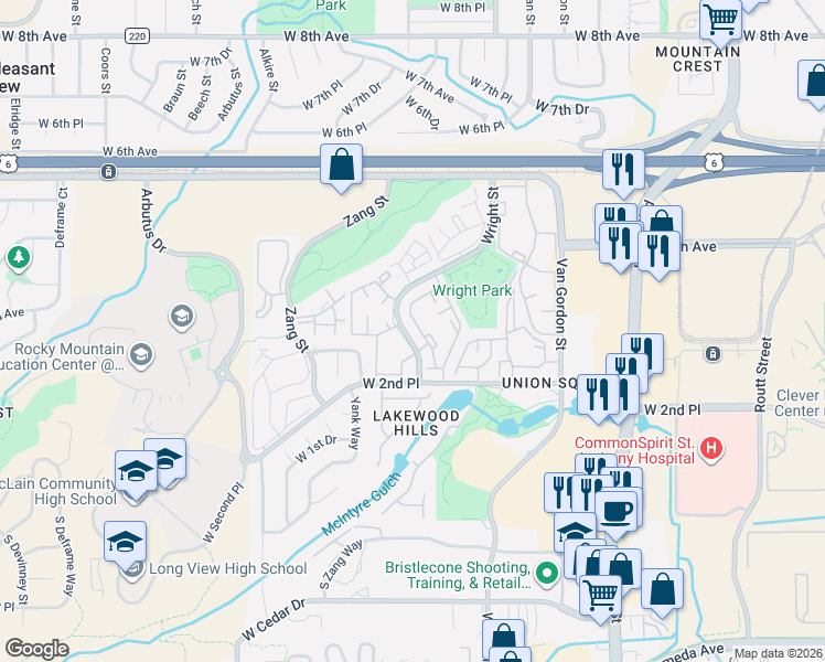 map of restaurants, bars, coffee shops, grocery stores, and more near 312 Wright Street in Lakewood