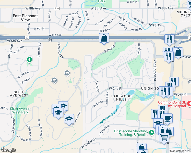 map of restaurants, bars, coffee shops, grocery stores, and more near 370 Zang Street in Lakewood