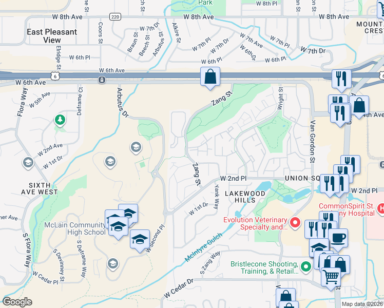 map of restaurants, bars, coffee shops, grocery stores, and more near 370 Zang Street in Lakewood
