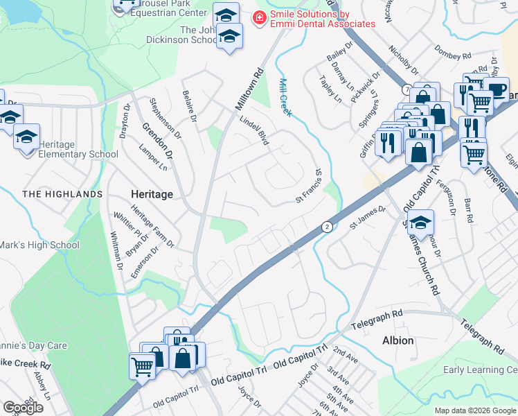map of restaurants, bars, coffee shops, grocery stores, and more near 2501 Lindell Road in Wilmington