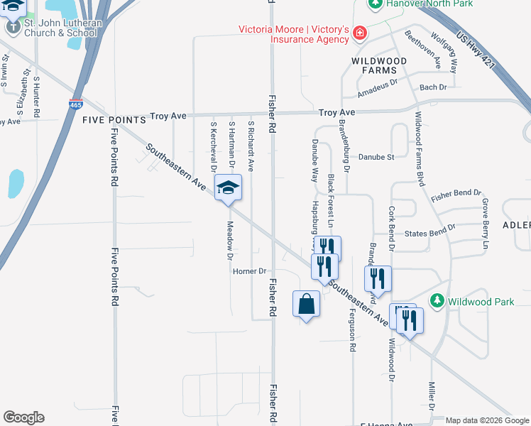 map of restaurants, bars, coffee shops, grocery stores, and more near 3316 Fisher Road in Indianapolis