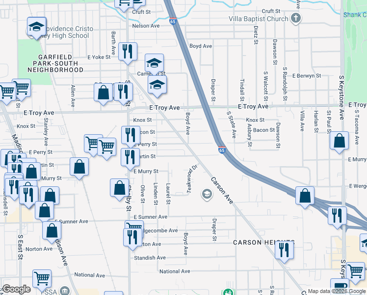 map of restaurants, bars, coffee shops, grocery stores, and more near 3152 Carson Avenue in Indianapolis