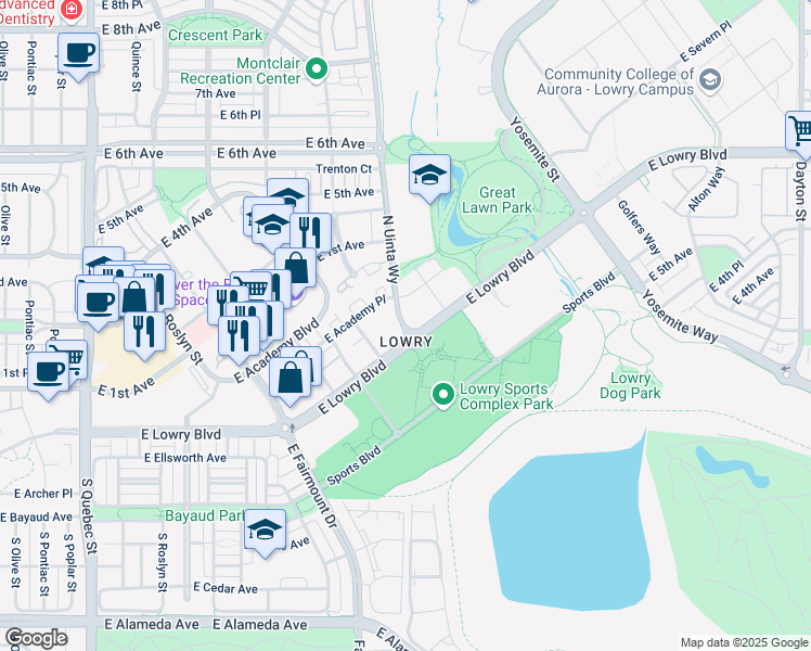 map of restaurants, bars, coffee shops, grocery stores, and more near 82 North Uinta Way in Denver