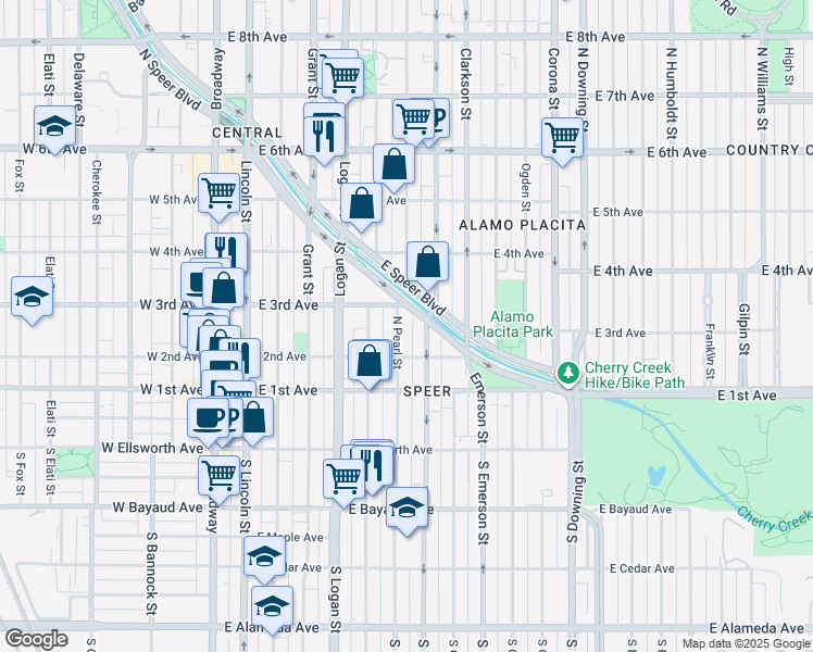 map of restaurants, bars, coffee shops, grocery stores, and more near 250 Pearl Street in Denver