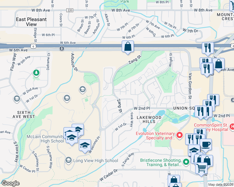 map of restaurants, bars, coffee shops, grocery stores, and more near 370 Zang Street in Lakewood