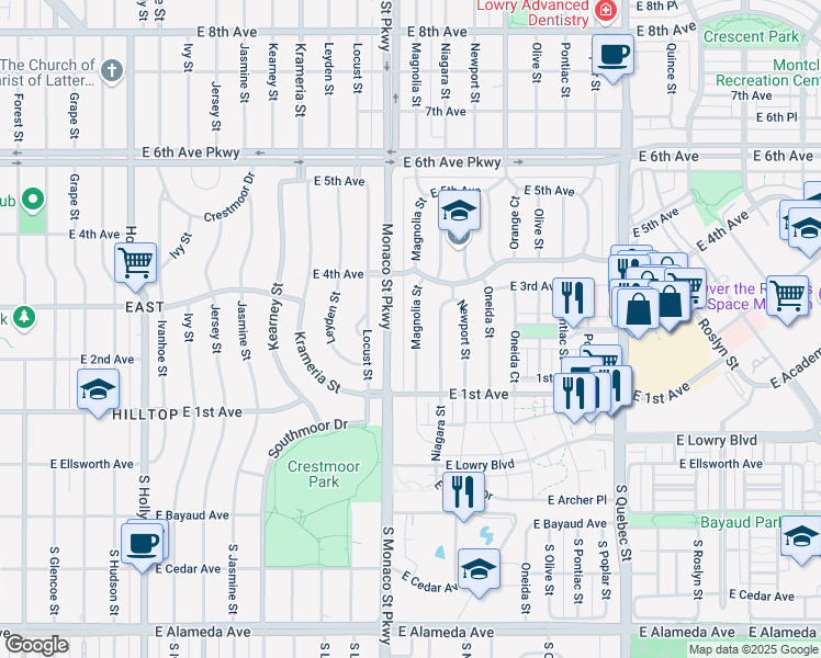 map of restaurants, bars, coffee shops, grocery stores, and more near 190 Magnolia Street in Denver