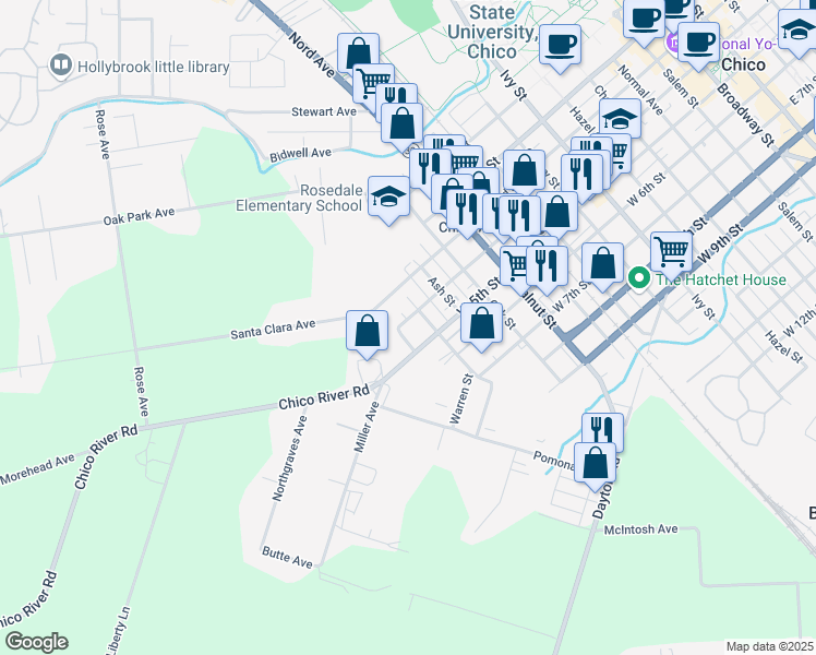 map of restaurants, bars, coffee shops, grocery stores, and more near 435 Maple Street in Chico