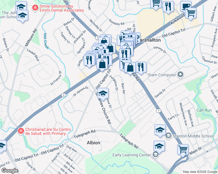 map of restaurants, bars, coffee shops, grocery stores, and more near 2124 Armour Drive in Wilmington
