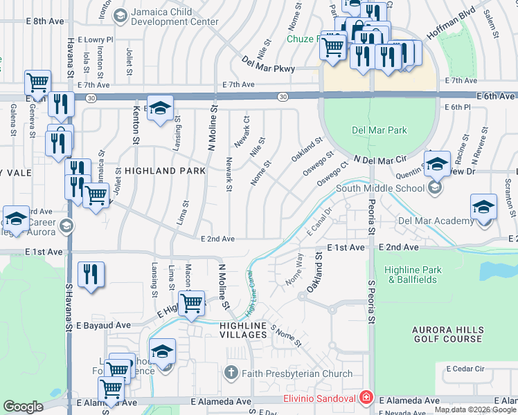 map of restaurants, bars, coffee shops, grocery stores, and more near 314 Nome Street in Aurora
