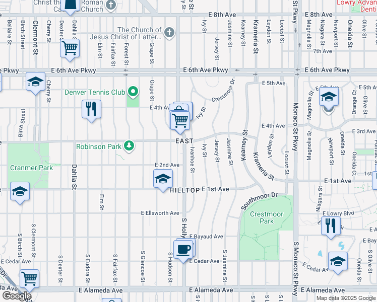 map of restaurants, bars, coffee shops, grocery stores, and more near 215 Ivanhoe Street in Denver