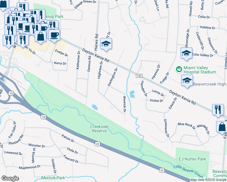 map of restaurants, bars, coffee shops, grocery stores, and more near 1137 Wenrick Drive in Dayton