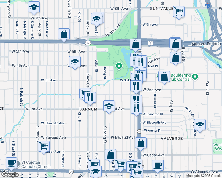 map of restaurants, bars, coffee shops, grocery stores, and more near 200 Hooker Street in Denver
