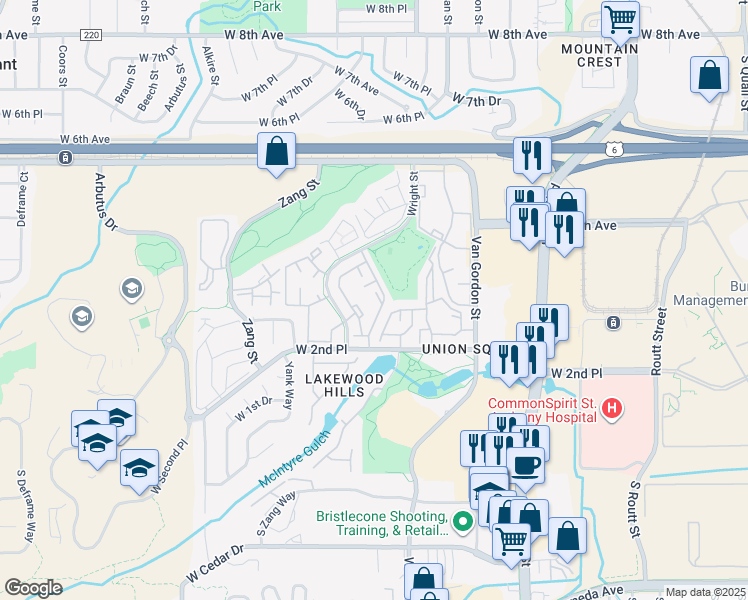 map of restaurants, bars, coffee shops, grocery stores, and more near in Lakewood