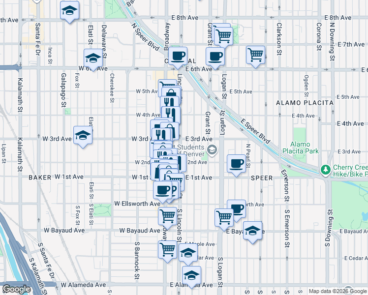 map of restaurants, bars, coffee shops, grocery stores, and more near 231 Lincoln Street in Denver