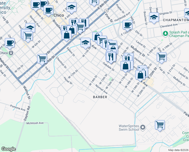 map of restaurants, bars, coffee shops, grocery stores, and more near 1350 Salem Street in Chico