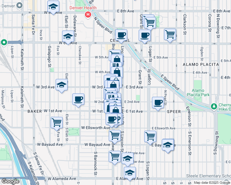 map of restaurants, bars, coffee shops, grocery stores, and more near 235 Lincoln Street in Denver