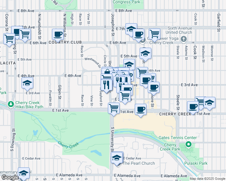 map of restaurants, bars, coffee shops, grocery stores, and more near 210 University Boulevard in Denver