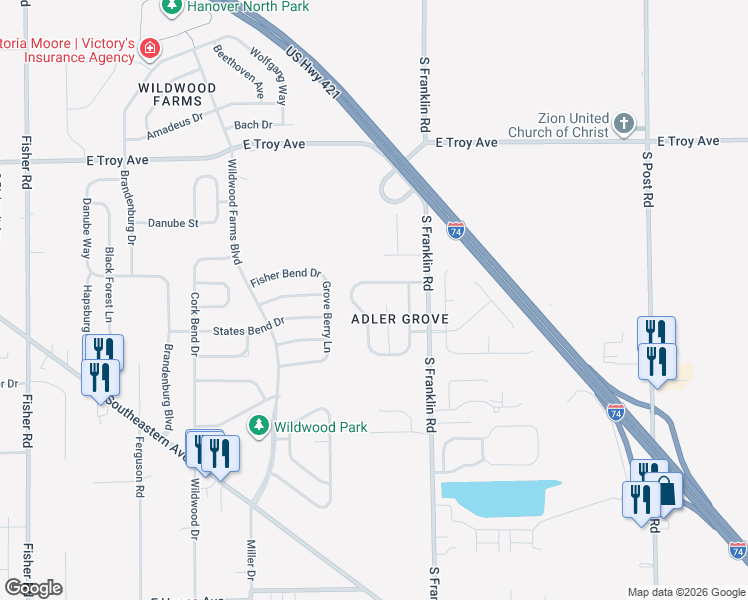 map of restaurants, bars, coffee shops, grocery stores, and more near 3347 Spring Wind Lane in Indianapolis