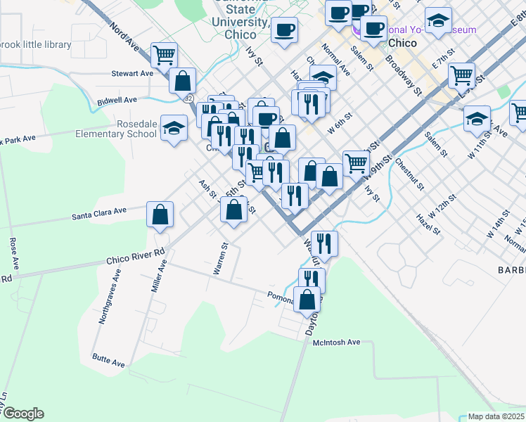 map of restaurants, bars, coffee shops, grocery stores, and more near 1132 West 7th Street in Chico